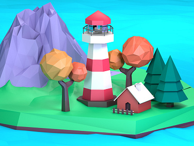 Low poly lighting 3d c4d cinema4d house isometric lowpoly tree