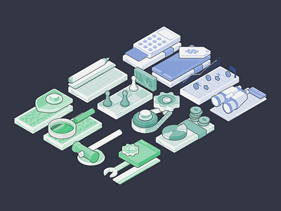 Isometric business illustrations binoculars business cell shading charts chess clipboard credit card graphs illustration isometric isometry journey magnifying glass path payments planning roadmap sale sales security