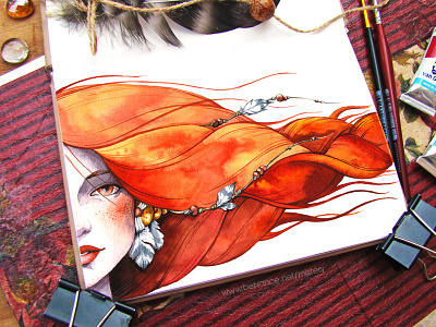 Winds. Red. art beauty fashion girl illustration portrait watercolor