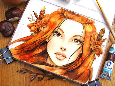 Autumn wind art character fairy tale girl illustration watercolor
