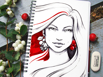 Red art beauty color fashion girl graphic illustration portrait sketch