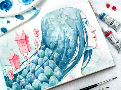 Snow art color fantasy girl illustration painting portrait watercolor
