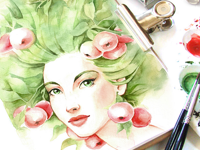 Apple Tree beauty character fantasy garden green illustration watercolor
