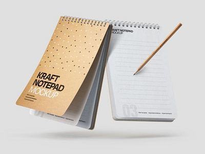 Kraft Notepad Mockup Set, Sketchbook branding copybook corporate cover design download kraft mock up mockup notebook notepad open paper pencil realistic spiral stationery textbook ux