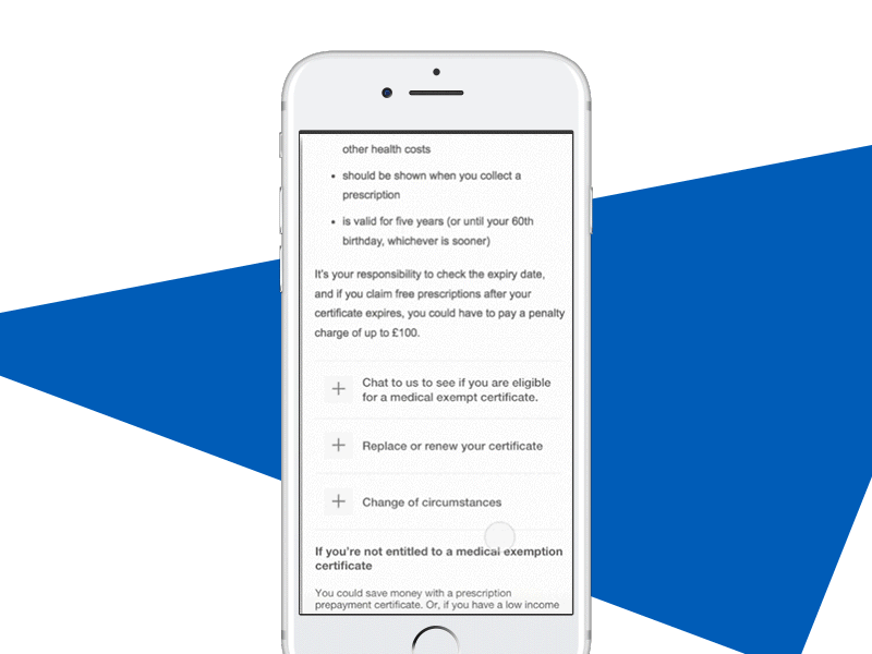 NHS Medical Exempt Certificate chatbot cui gds government nhs principle sketch ui ux