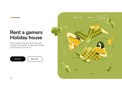 Hero Section of Renting Service Landing branding characters couple cozy design food graphic design green house illustration landing procreate renting ui ux vector