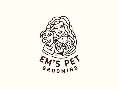 Em`s pet brand branding cute design dog funny grooming illustration lineart logo pet simple vector woman