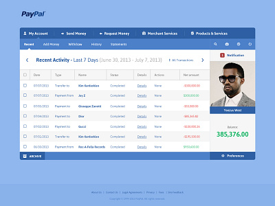 Paypal Redesign banking blue flat kanye money paypal redesign ui ux web design website west