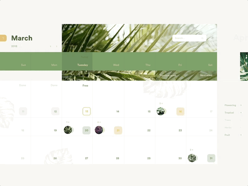 Plants Watering Calendar animation calendar clean green interaction landing page layout navigation ui ux web website
