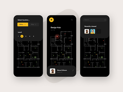 Office Tracker app app black card clean concept creative flow grid ios layout map minimal mobile navigation search style tracker ui ux workflow