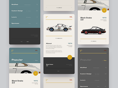 Custom Porsche Shop animation app card clean concept creative grid layout luxury minimal mobile navigation pastel retro shop style typography ui ux website