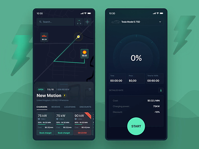 [APP] Aggregator of electric vehicle charging stations aggregator android animation car charging dark electric green interface ios map minimal mobile reviews service ui ux