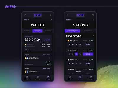 NESTER — Powerful Crypto Staking Service analytics app bitcoin crypto dark dashboard invest mobile research staking ui ux wallet