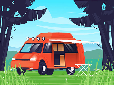 Camping air beads camper camping color design flat flowers forest grass illustration machine minibus nature recreation river sun vector