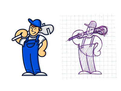 Logotype battery character flat illustration logo plumber water worker