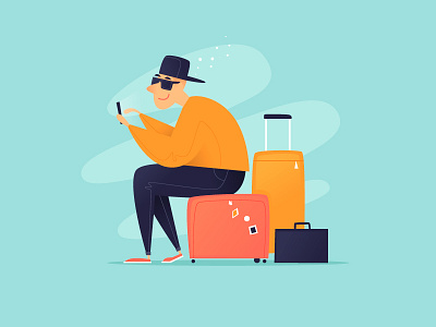 Travel airport bus stop character design flat illustration illustrator man maps navigation reservation suitcase summer sunglasses train travel travel app trip vacation vector