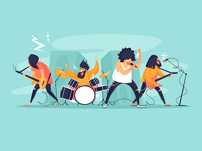 Rock concert band bass character design drums flat guitar illustration loud metal microphone music musicians rock rock concert sing soloist song sound speakers