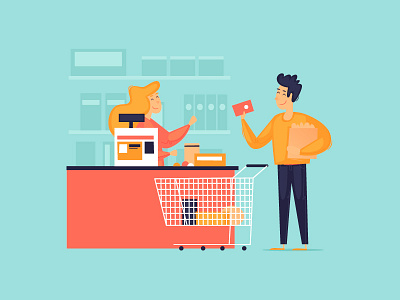 Cashier buyer card cash cashier character design flat food fruits illustration man money payment products purchases seller shop trolley vector woman