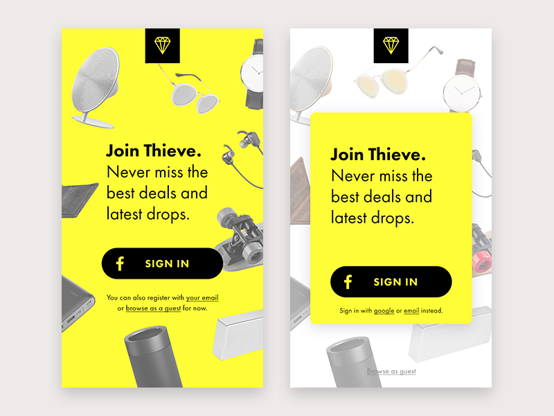 Thieve Login Modal Concepts by Jeshua Sharkey on Dribbble