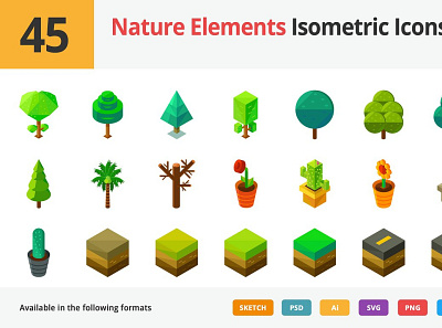 45 Nature Elements Isometric Icons branding design icon illustration logo typography vector