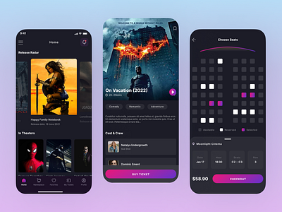 Cinema Booking App cinema booking app dark mode ui design landing page design mobile mobile ticket app mobile ui movie online tickets buy and sell tickets app ui