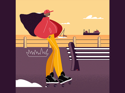 Cruisin' 2d after effects animation character characterdesign design dope gif illustration mograph motion motiongraphics promenade rollerskating sea sunset vector
