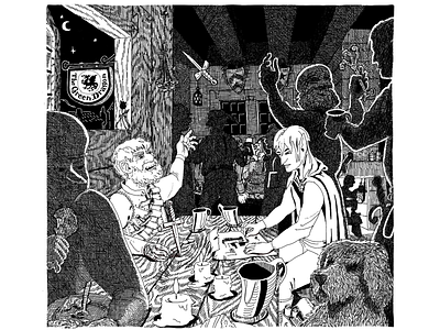 Boinger & Zereth at the Green Dragon (b&w, no title) drawing fantasy illustration