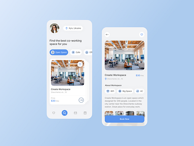 Co-Working Search App app blue coworking design mobile ui ux