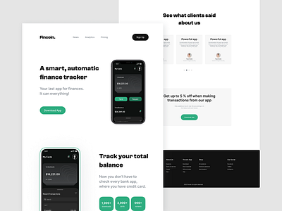 Finance tracker landing app black dark design finance fintech green minimalistic mobile simple ui white