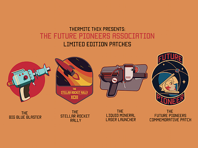 Future pioneers - Kickstarter patches campaign 70s fi girl gun laser patches retro rocket sci scifi space
