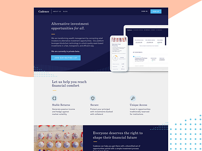 Cadence Landing Page branding design fintech investment uiux