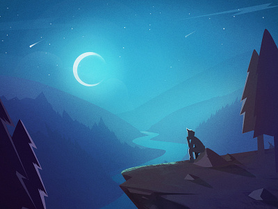 Observing The Stars blue cliff environment forest illustration landscape moon river sky space stars tree