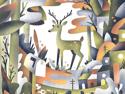 Deer Neighborhood Print - Color illustration nature screen print