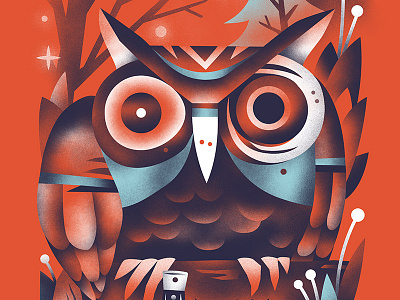 Owl illustration night owl red skateboard stars trees