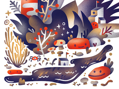 Forest Floor, happy rocks and a puddle - WIP forest illustration mushroom plants pond red rock woods