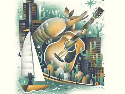 Chicago Armadillo Poster - Painted armadillo cactus chicago city illustration night sail boat sailing stars water