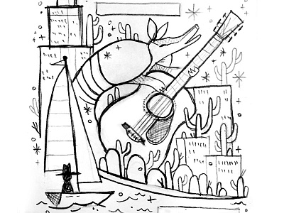 Chicago Armadillo Poster - Sketch armadillo cactus chicago city illustration night sail boat sailing stars water