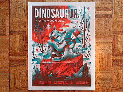 Dinosaur Jr. Poster cat cowboy dinosaur jr. gig poster illustration moon night red screen printing stars trees