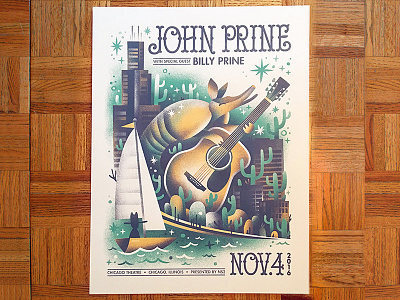 John Prine Poster armadillo cactus chicago gig poster guitar illustration sail boat sailing screen printing water