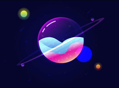 Glassy Planet with Moons 3d ai animation colorful glassy planet graphic design illustration illustrator logo planet ui