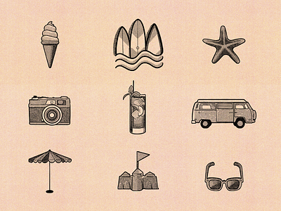 Summer Icons asset assets branding camera castle design glass graphic design ice cream icon icon design icons illustration illustrator minimal modern retro summer sunglasses van