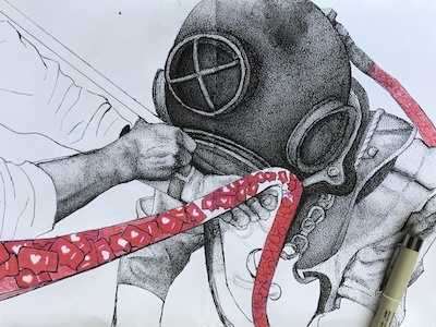 Disconnect in Progress deep sea diver design disconnect dotwork illustration pen sketchbook social media wip