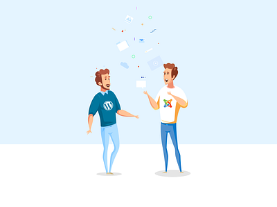 Joomla vs Wordpress! banner design blog cover blog header business character choose color design discussion illustraion illustration art illustrations joomla joomla designs meeting vs wordpress