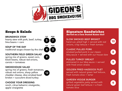 Gideon's Menu bbq fire flame menu restaurant smokehouse