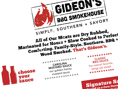 Gideon's BBQ Smokehouse - Menu bbq fire flame menu print restaurant smokehouse