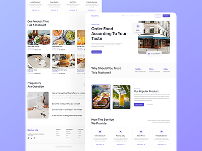 RestoHits (Food) app branding card clean design eat faq food footer graphic design home landing purple restaurant resto typography ui ux vector web