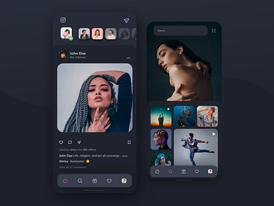 Instagram- Redesign concept (Dark theme) dark mode dark theme instagram interfacedesign photo app redesign concept share photo social app ui ui design user interface ux