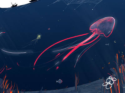 Visual development boat illustration jellyfish ocean plastic reef sea life sustainable underwater