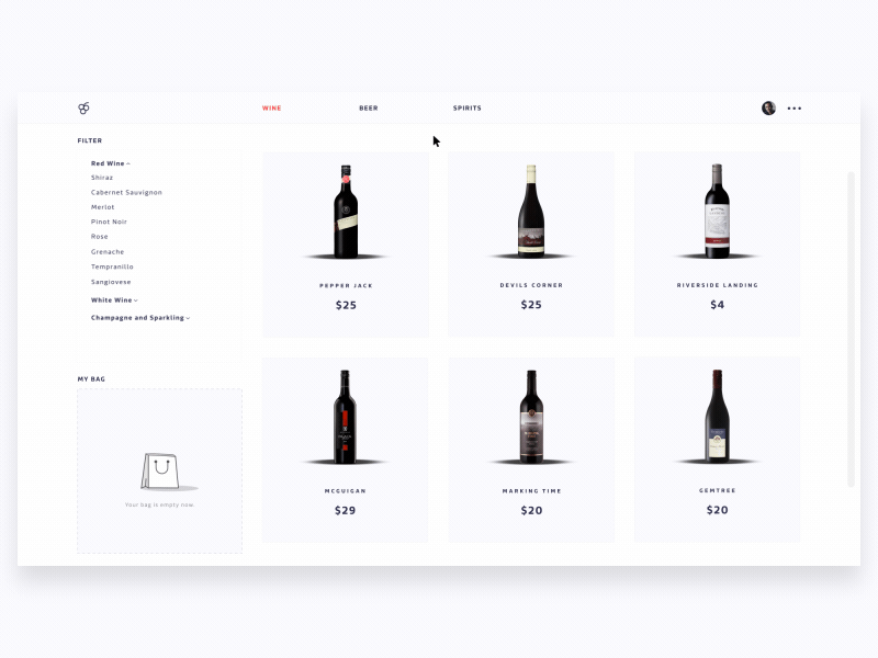 eCommerce Add to Cart/Bag Interaction add to bag add to cart bag interaction buy drink buy interaction buy wine buy wine online cart interaction ecommerce interaction minimal ui online product shopping online ui design