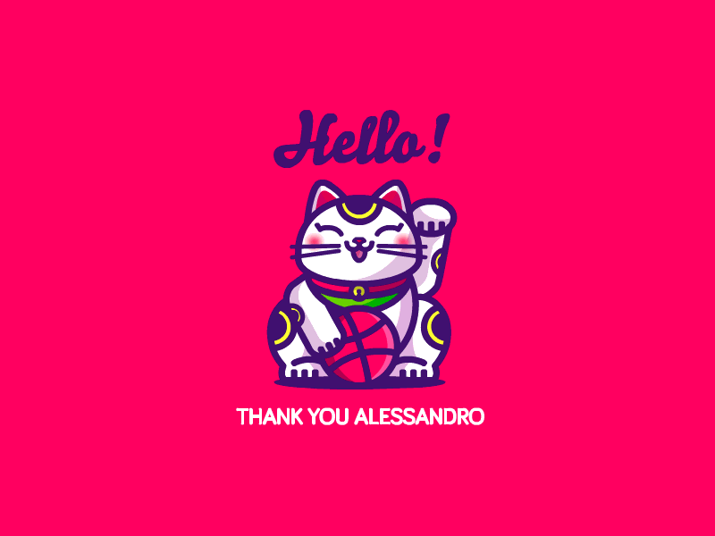 Hello Dribbble! cat debut hello icon illustration japanese maneki neko thank you